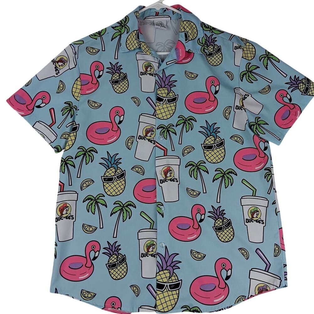 Buc Ee's Button Up Shirt Mens Small Light Blue‎ All Over Print Party Travel